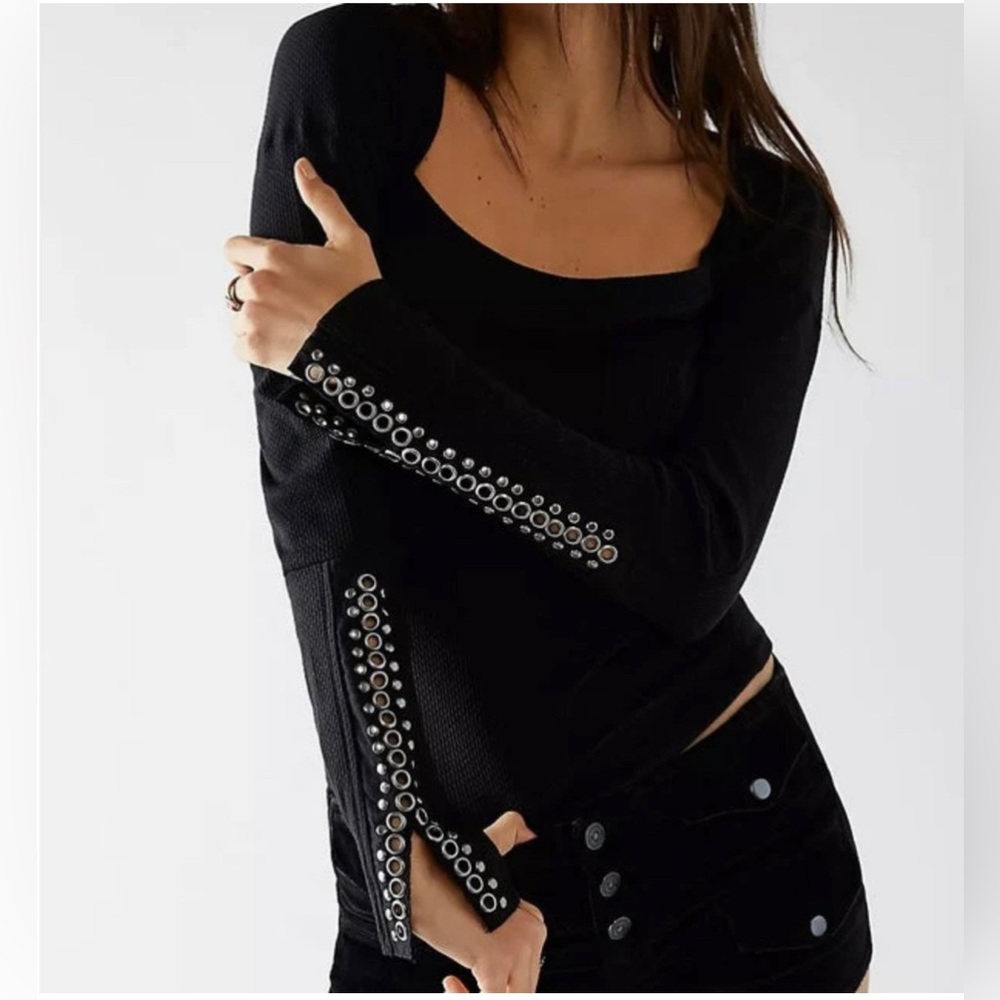 Black Eyelet-Trim Long Sleeve Women's Top